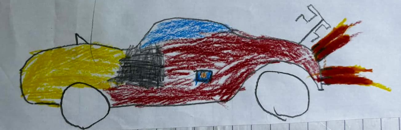 Child's drawing of a race car with flames